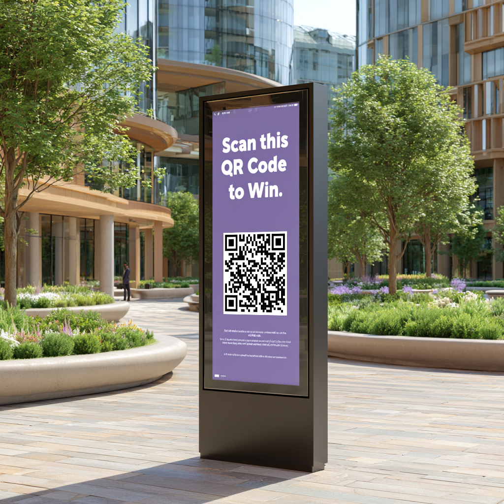 Digital signage displaying a QR code scan to win campaign