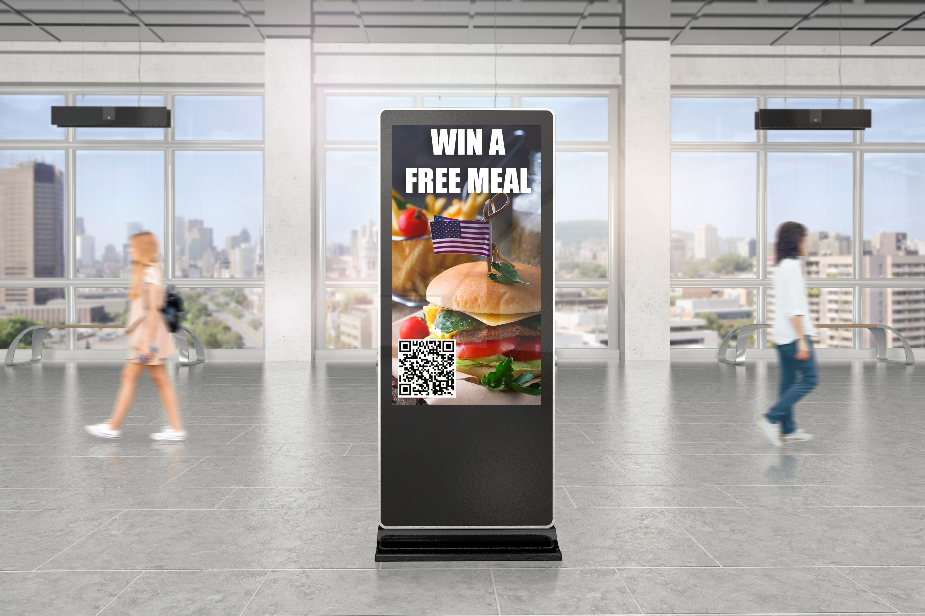 Digital display showing a win a free meal campaign with QR code
