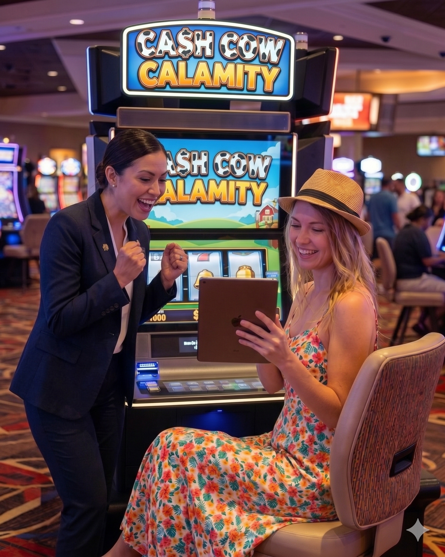 Casino host cheering on a customer playing a Promo on Demand game on a tablet
