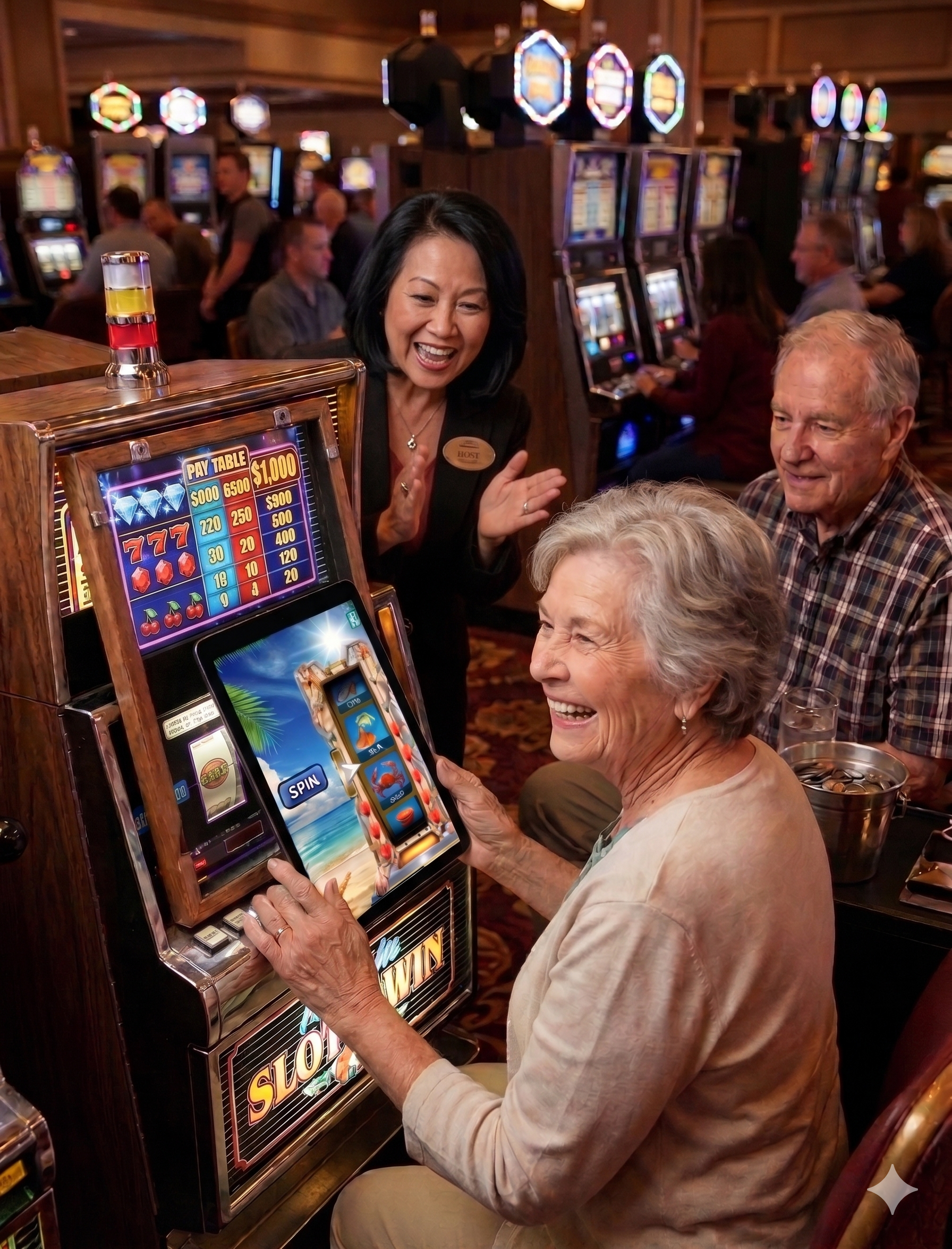 Older couple enjoying a Promo on Demand game experience on a casino floor