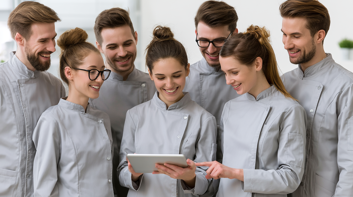 Employees gathered around a tablet participating in a recognition game