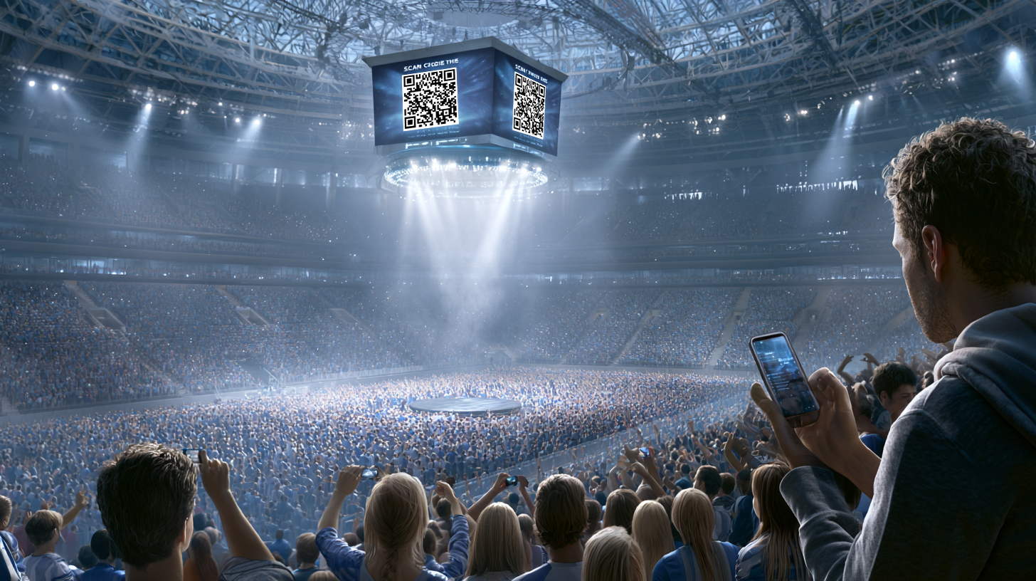 Sports arena crowd with fans scanning QR codes on their cell phones during a live event