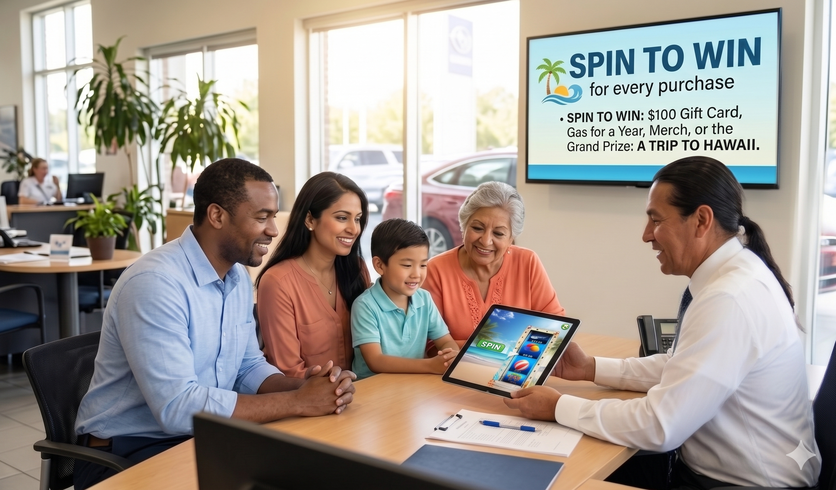 Family playing a spin-the-wheel game to earn a gift after purchasing a car