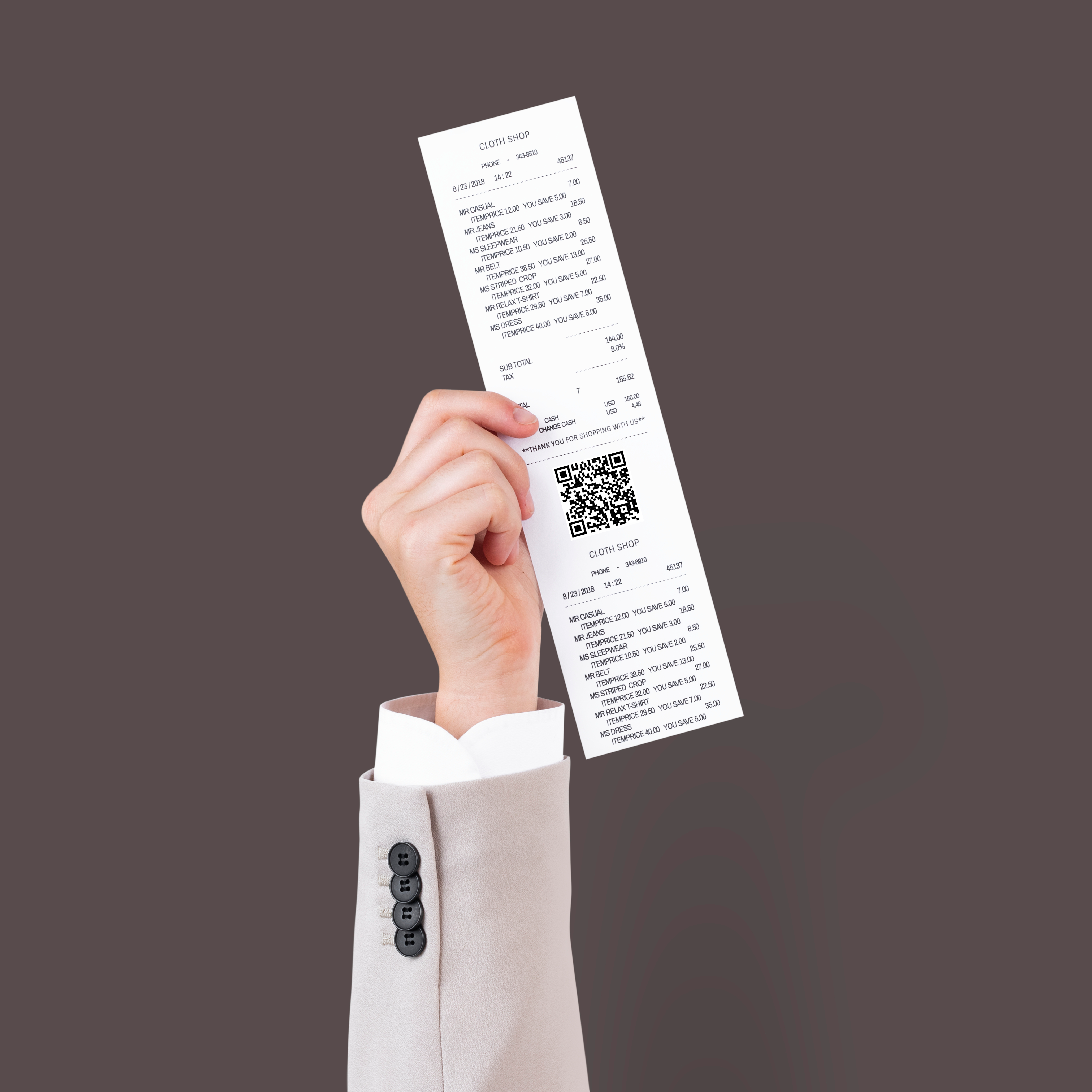 Customer holding a receipt with a QR code to scan after a purchase