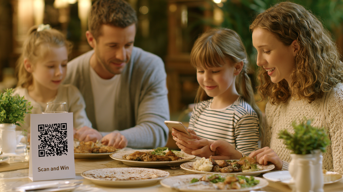 Family finishing a meal and scanning a QR code table tent for a game on their cell phone