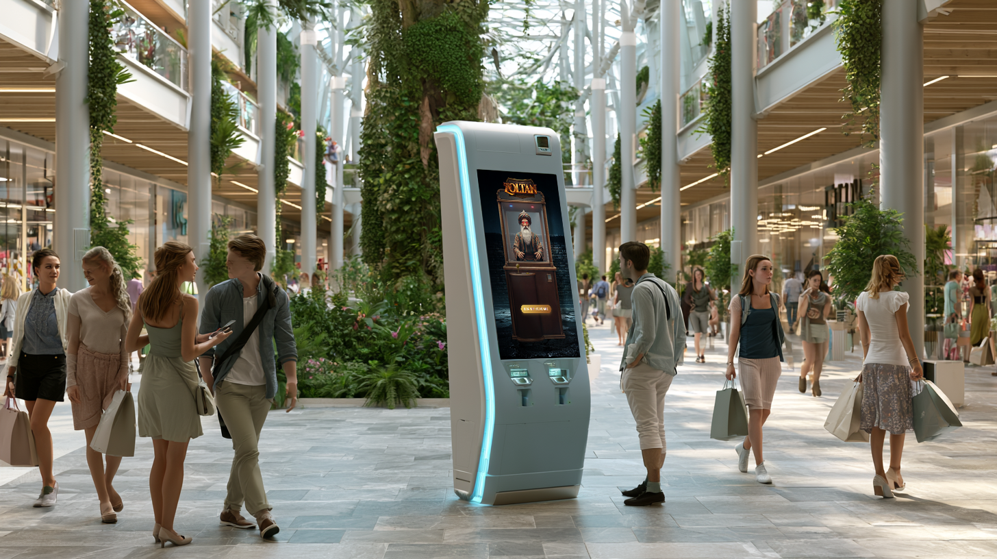 Shoppers in a modern mall walking past a kiosk displaying a Promo on Demand game
