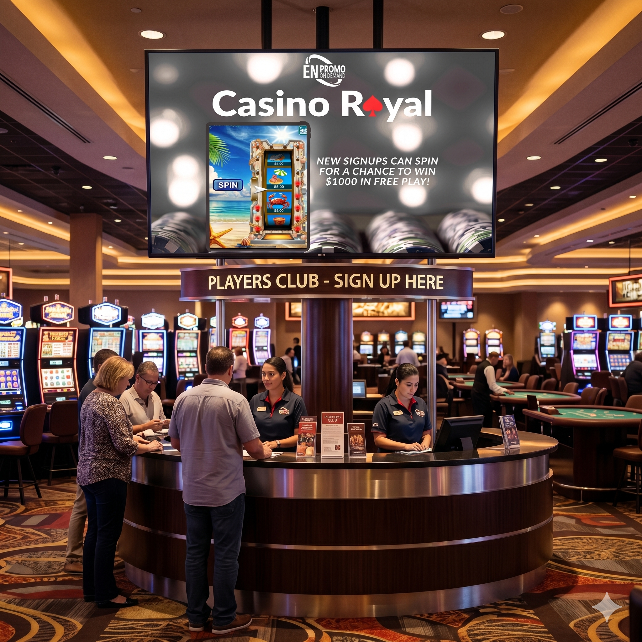 Players club desk with Promo on Demand display for VIP loyalty recognition