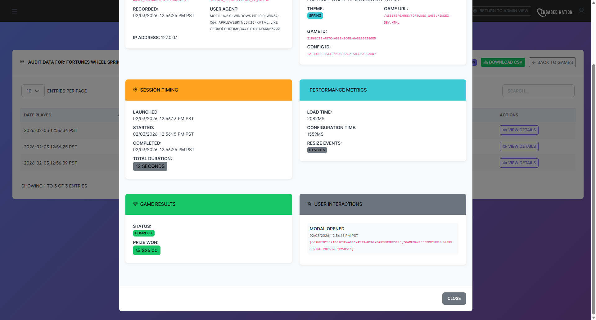 P.O.D. statistics dashboard showing session history